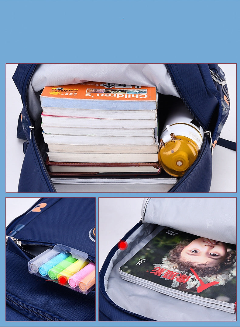 Roomy interior with books, bottle and pencil case