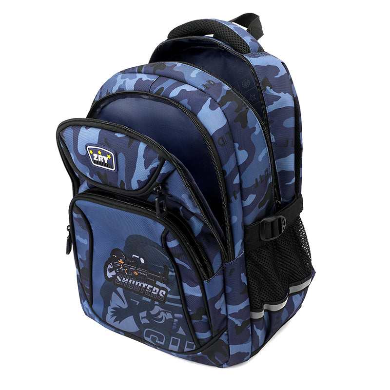 Blue camo backpack compartments