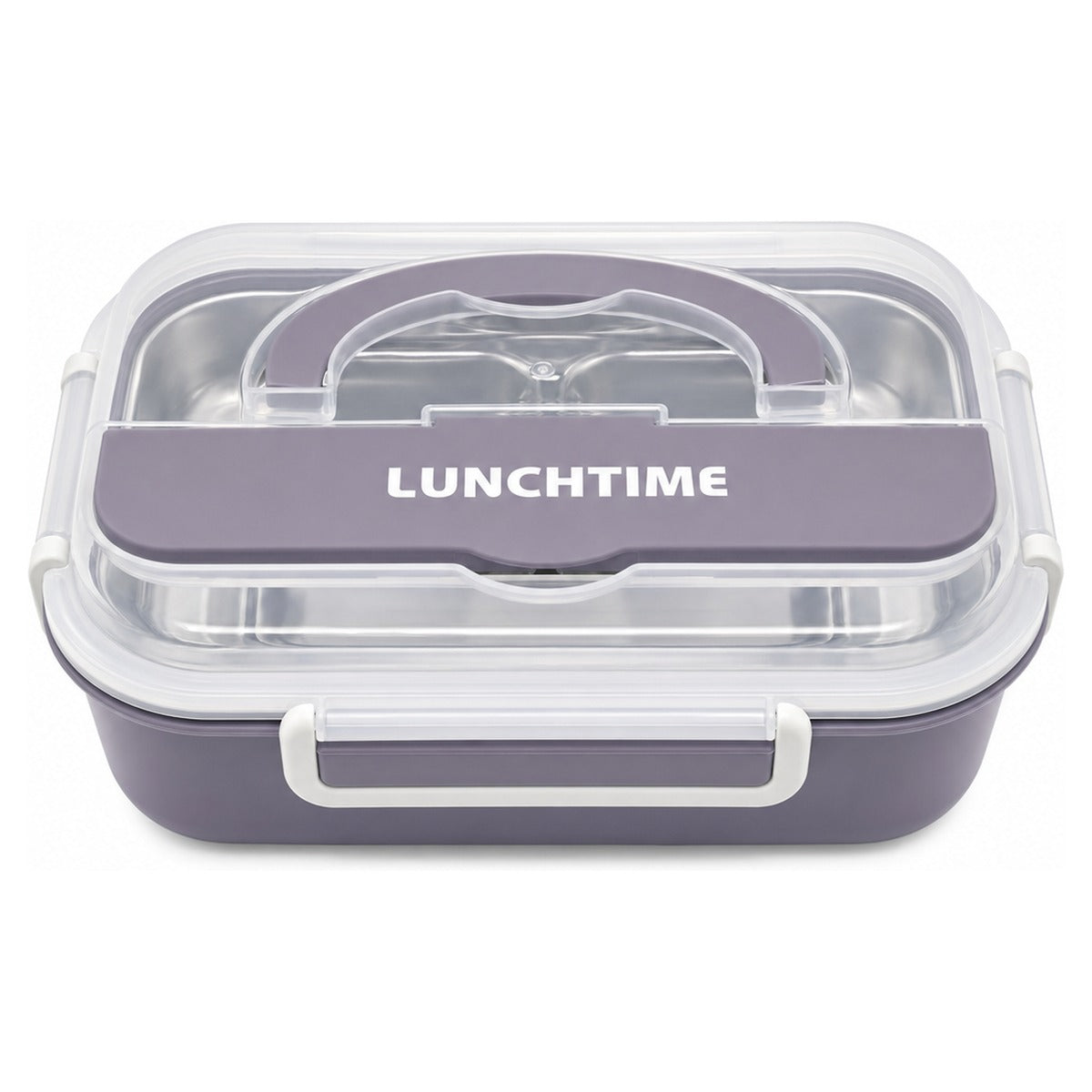 Closed purple LUNCHTIME bento lunch box with clear lid