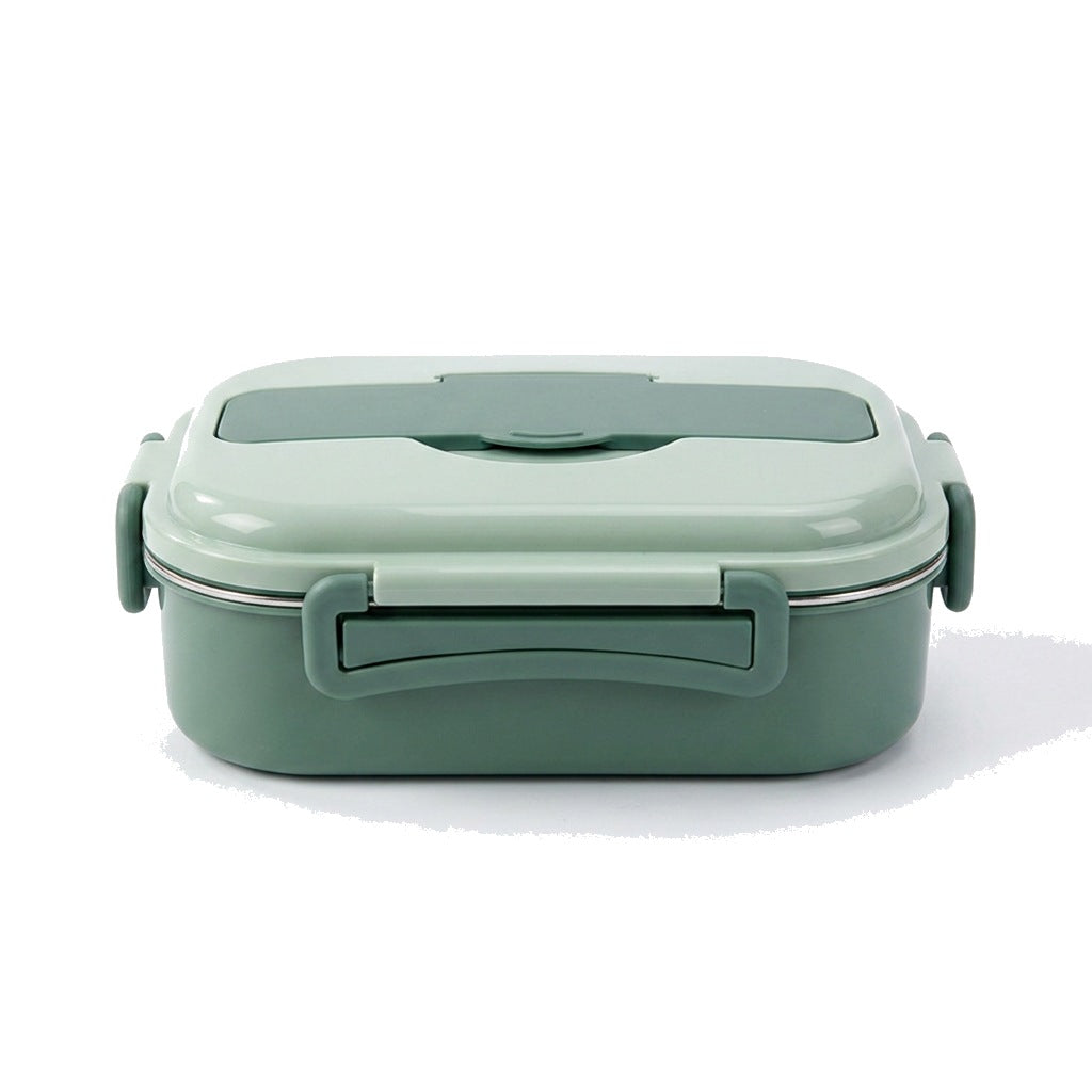 Green 2-section lunch box closed, white background