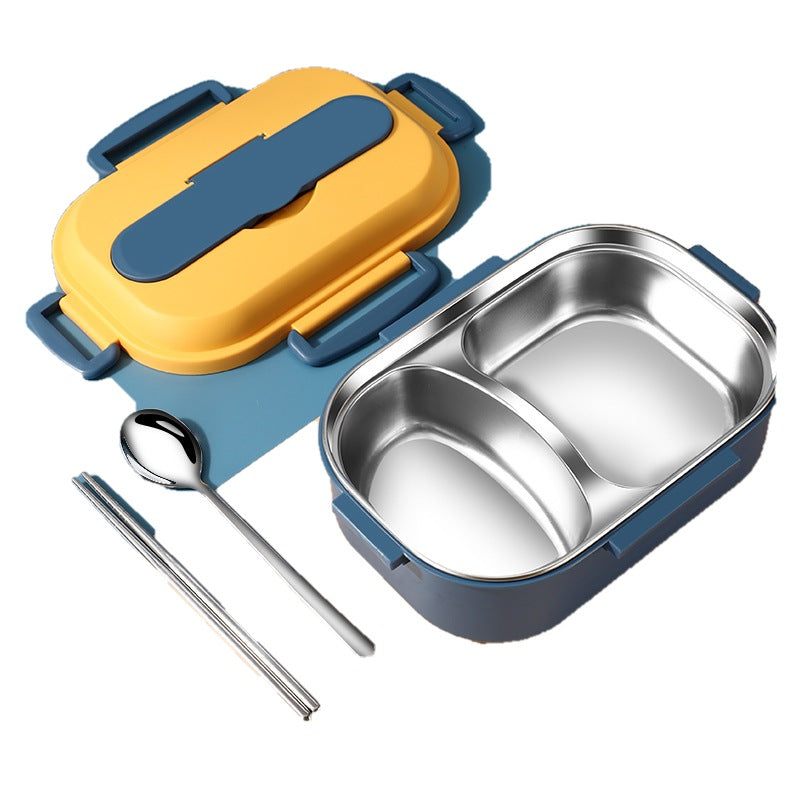 Lunch box open showing two compartments and tableware