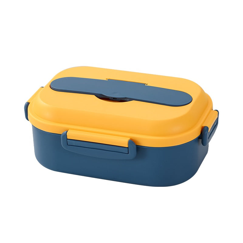 Yellow and blue 2-section lunch box closed, white background