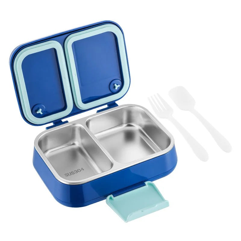 2-section stainless steel lunch box, blue, open