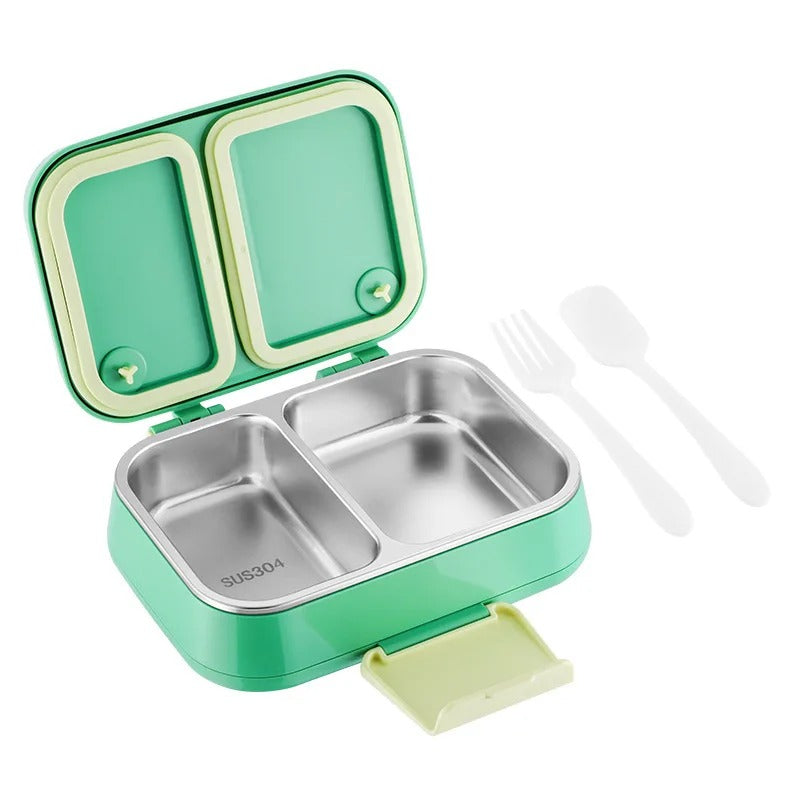 2-section stainless steel lunch box, green, open with fork and spoon