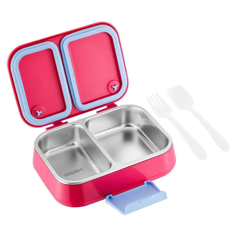 2-section stainless steel lunch box, pink, open