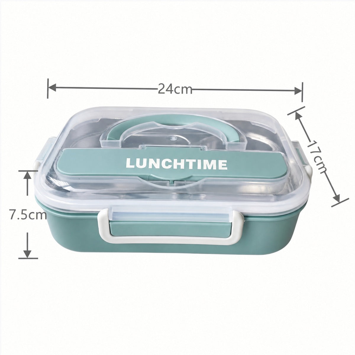 Teal bento lunch box with dimensions: 24cm length, 17cm depth, 7.5cm height