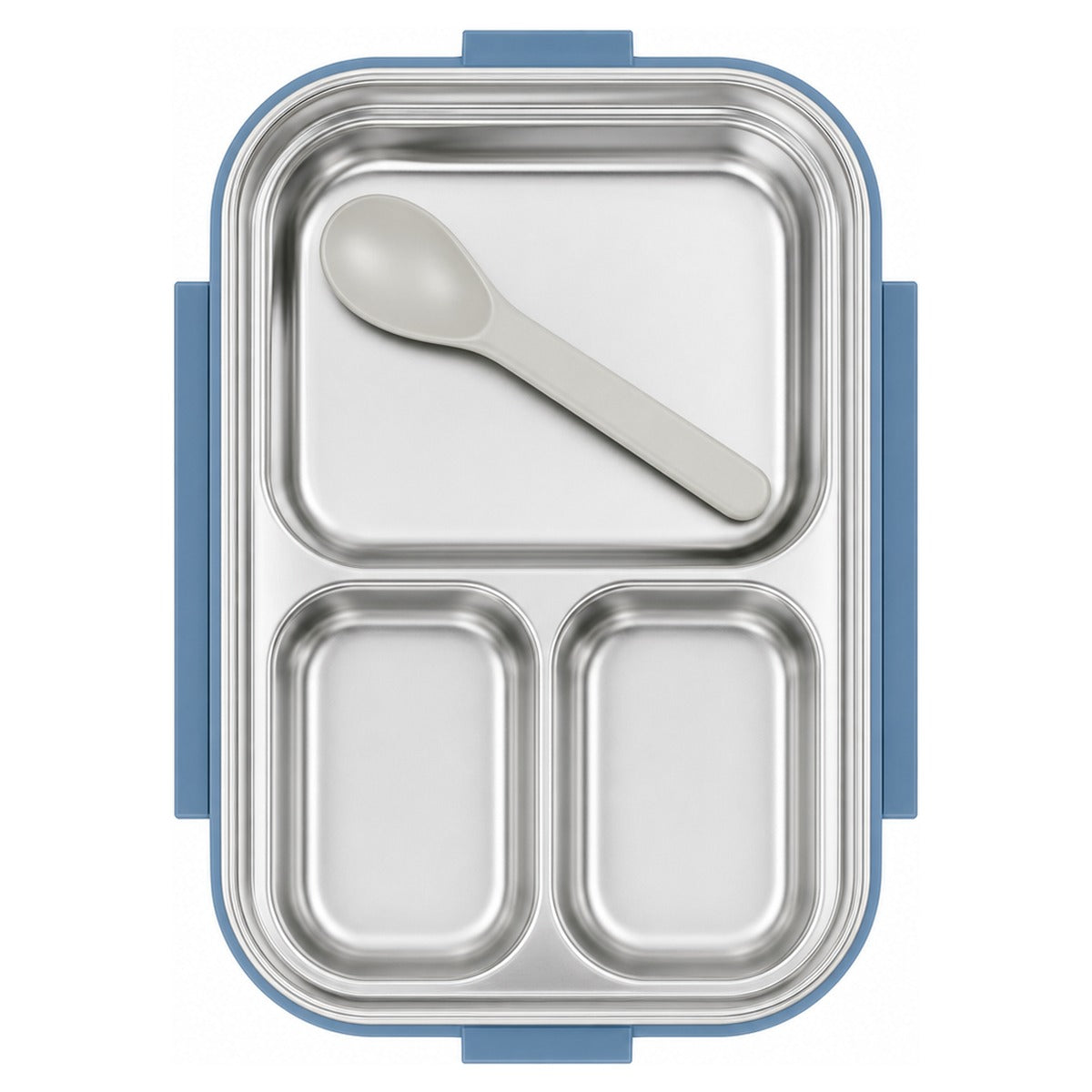 Open 3-compartment stainless steel bento lunch box showing interior layout