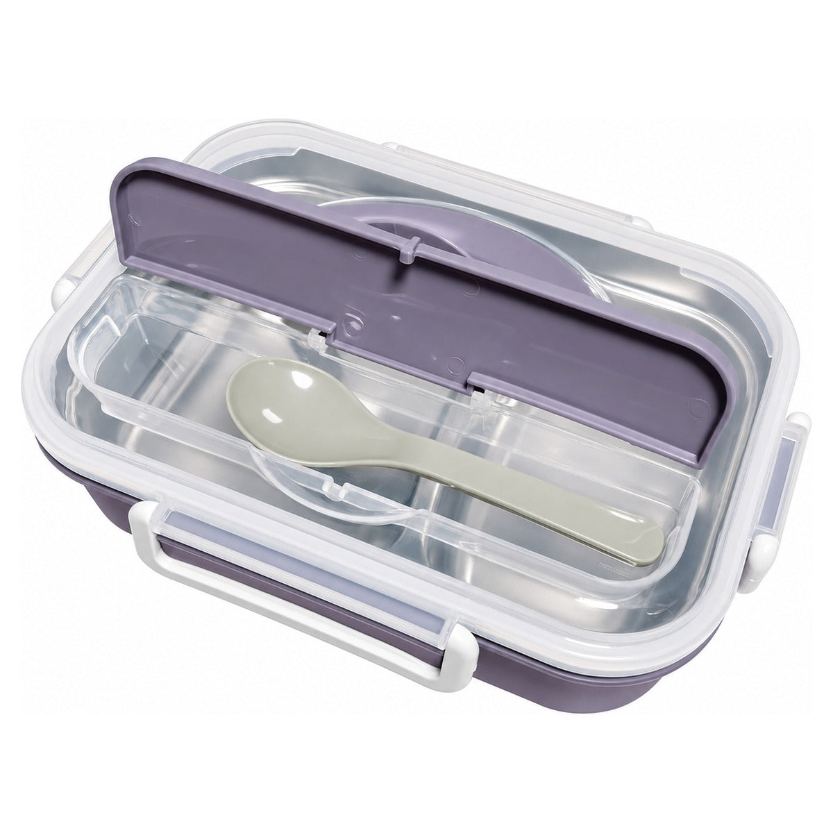 Purple bento lunch box with cutlery compartment open showing spoon